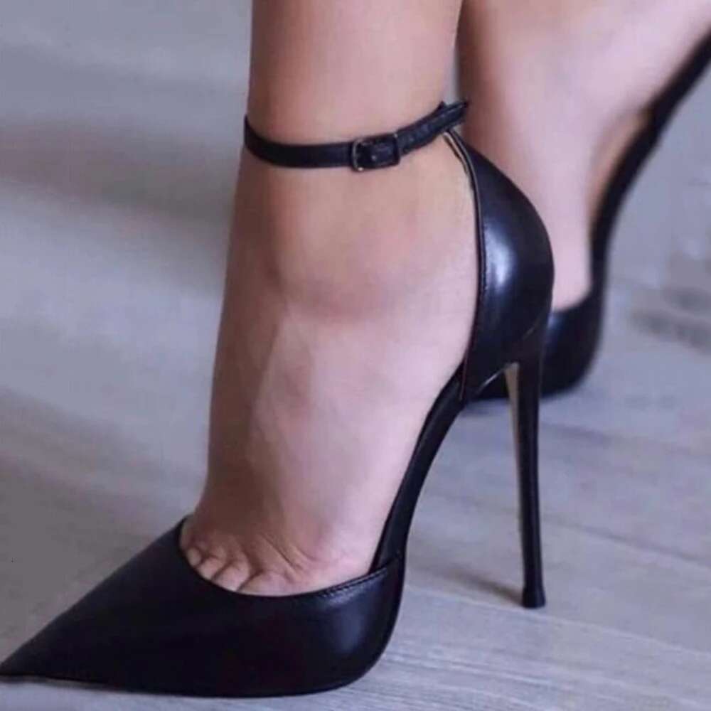 Veowalk Ankle Strap Women D'Orsay Pointed Toe Stiletto Pumps Ladies Solid Dress High Heel Shoes 12cm 10cm 8cm Black White