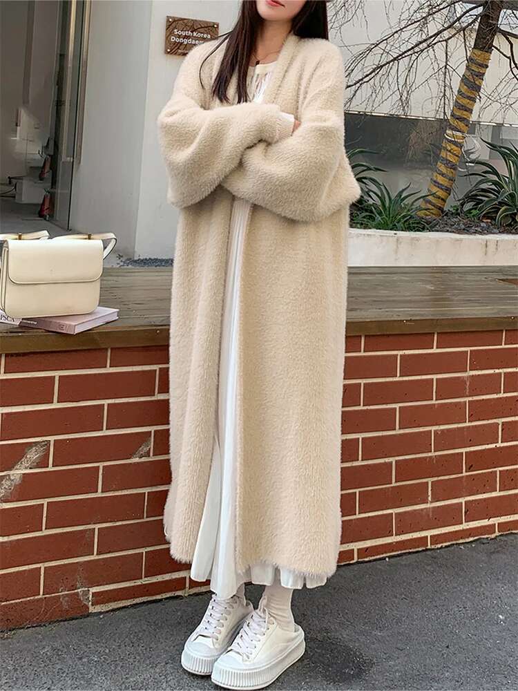 Women's 2024 Autumn And Winter New Style Simple Hem Slit Hollow Women's Cashmere Cardigan Medium-Length Knitted Jacket