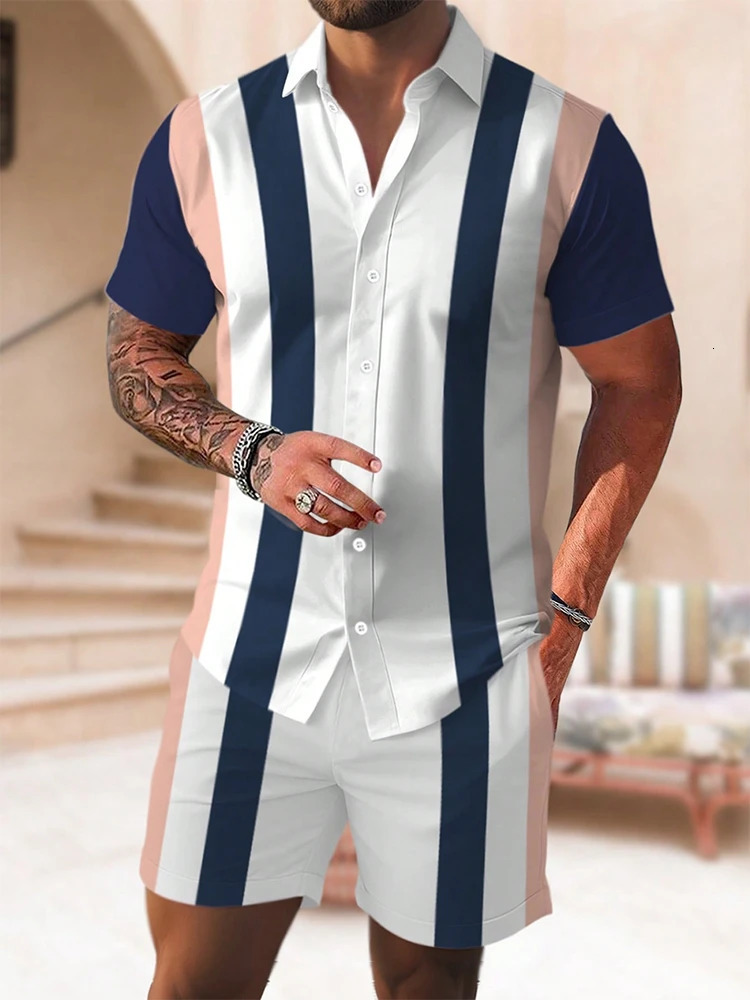Summer Everyday Mens Short-sleeved Shirt Street Fashion Beach Shorts Patchwork Striped Print Mens Casual Shirt And Shorts Set 250217