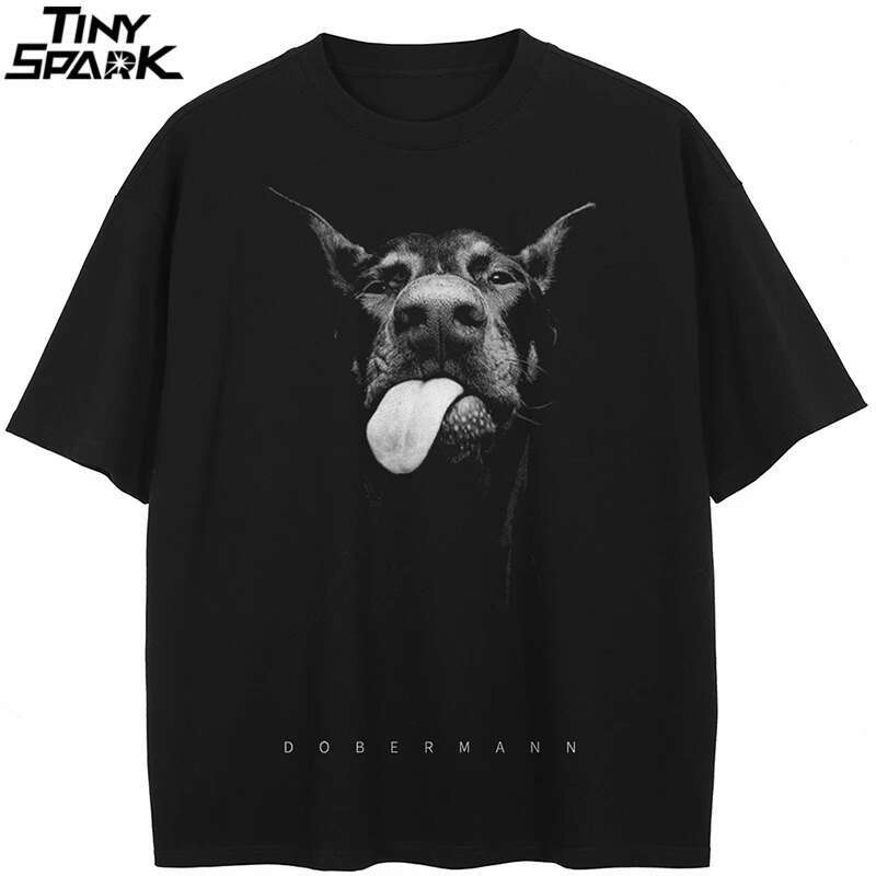 2024 T-Shirt Streetwear Animal Graphic Doberman Dog T Shirt Cotton Hipster Men Tshirt Unisex Tops Tees Black Hip Hop