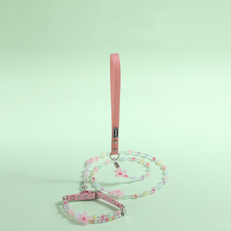 Fashion Dog Leather Collar with Colorful Beads and Small Flowers, Dog Collar Leash Set for Small Medium Dogs, Pet Neck Decoration, Adjustable Dog Acce