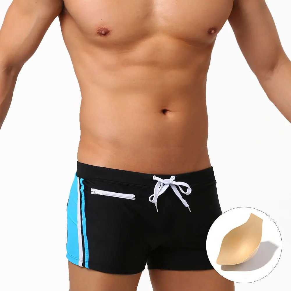 Color matching fashion boxer swimming pants with cup anti-light three-dimensional bag color beach pants boxers M250218