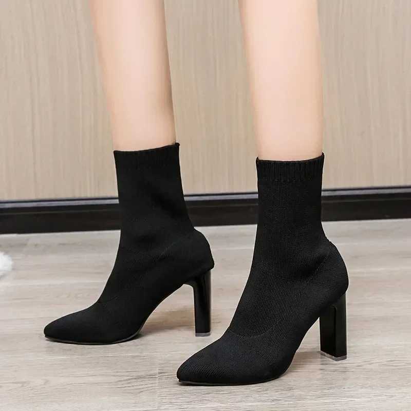 Womens Fi Heeled Ankle Boots Autumn Pointy Solid Color Streh Knitted Sock Boots Women Chunky Slip Shoes Plus-size 43XJ250217