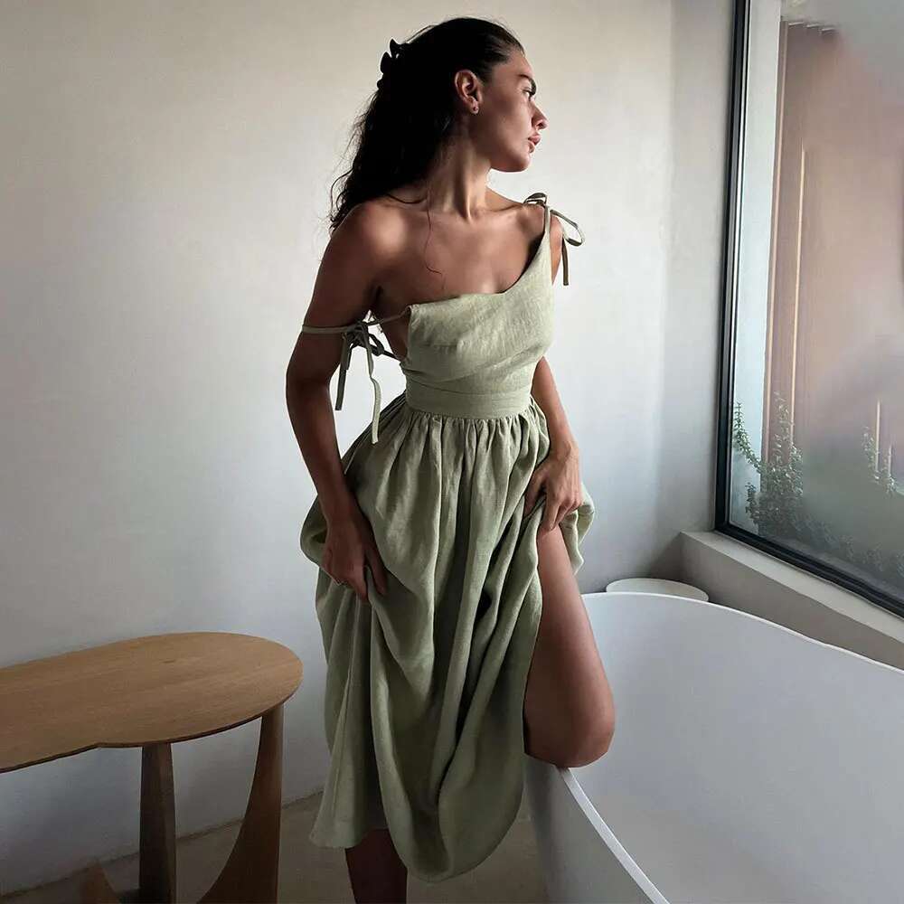 Original Backless Cotton Spring And Summer Women's Elegant Mori Style Sexy V-Neck High Waist Suspender Dress