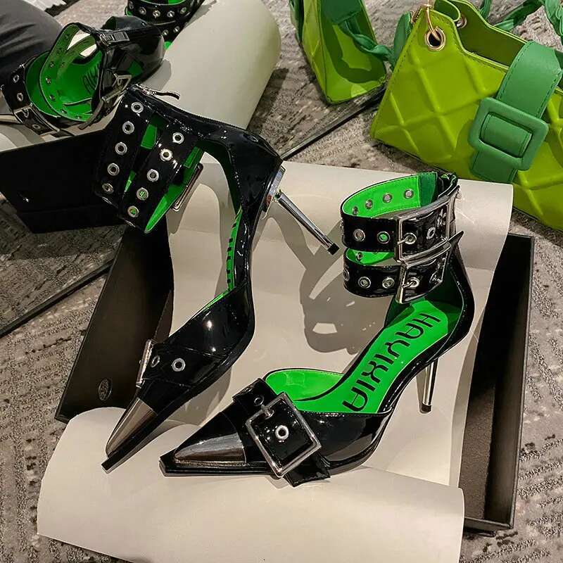 2024 New Pointed High Heels Women's Stiletto Baotou Hollow Metal Iron Toe Patent Leather Sandals Pumps