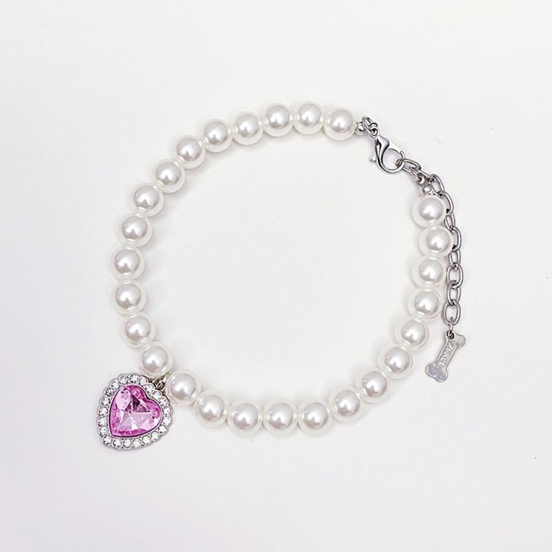 Fashion Dog Pearl Necklace with Pink Heart-Shaped Rhinestones and Small Rhinestones As a Pendant, Pet Neck Decoration for Small Medium Dogs, Adjustabl