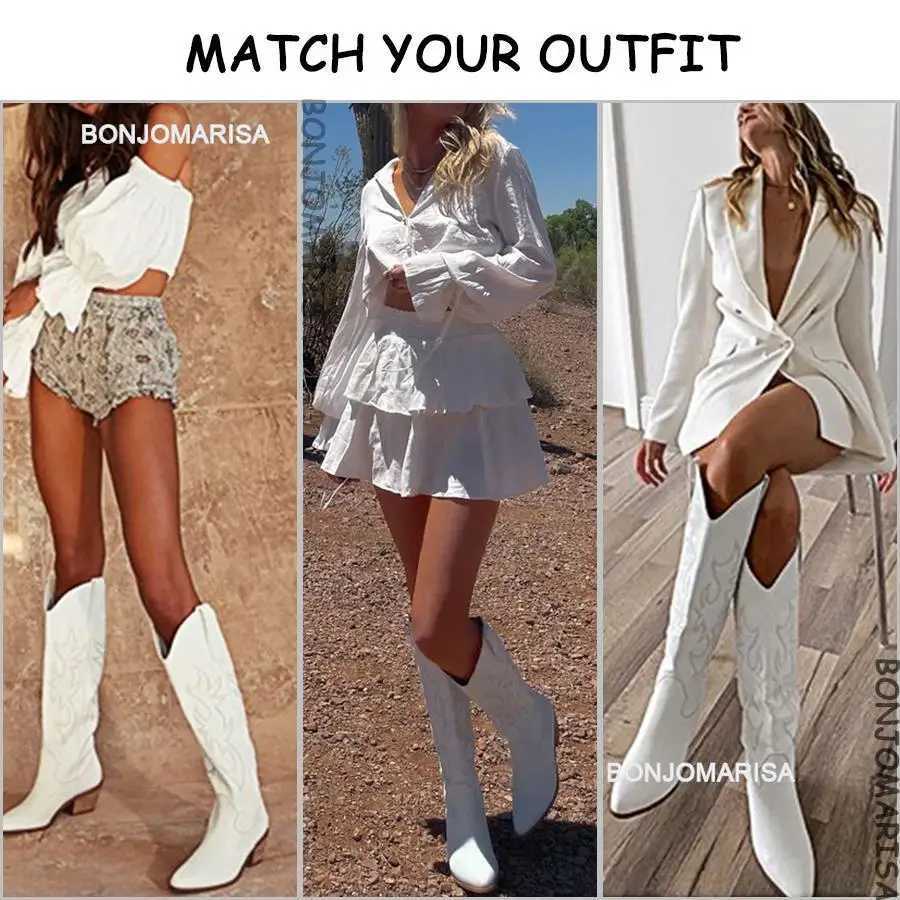 Plus Size 45 Womens Embroidered Western Knee High Boots Cowboy Cowgirl Boots Chunky Heel Platform Boots Women Western Shoes Z250218