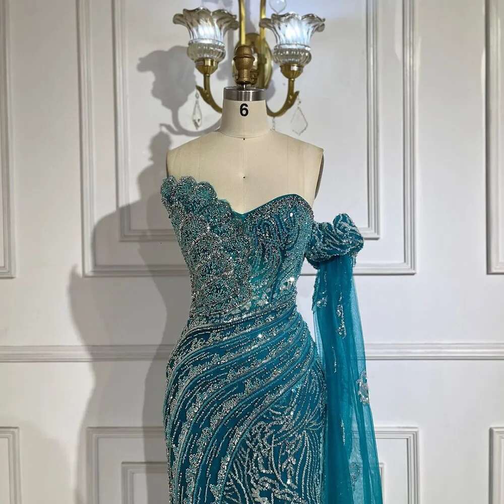 Green Customized One Shoulder Beaded Mermaid Evening Dress With Side Cape Sleeves For Formal Ocn BLA mal