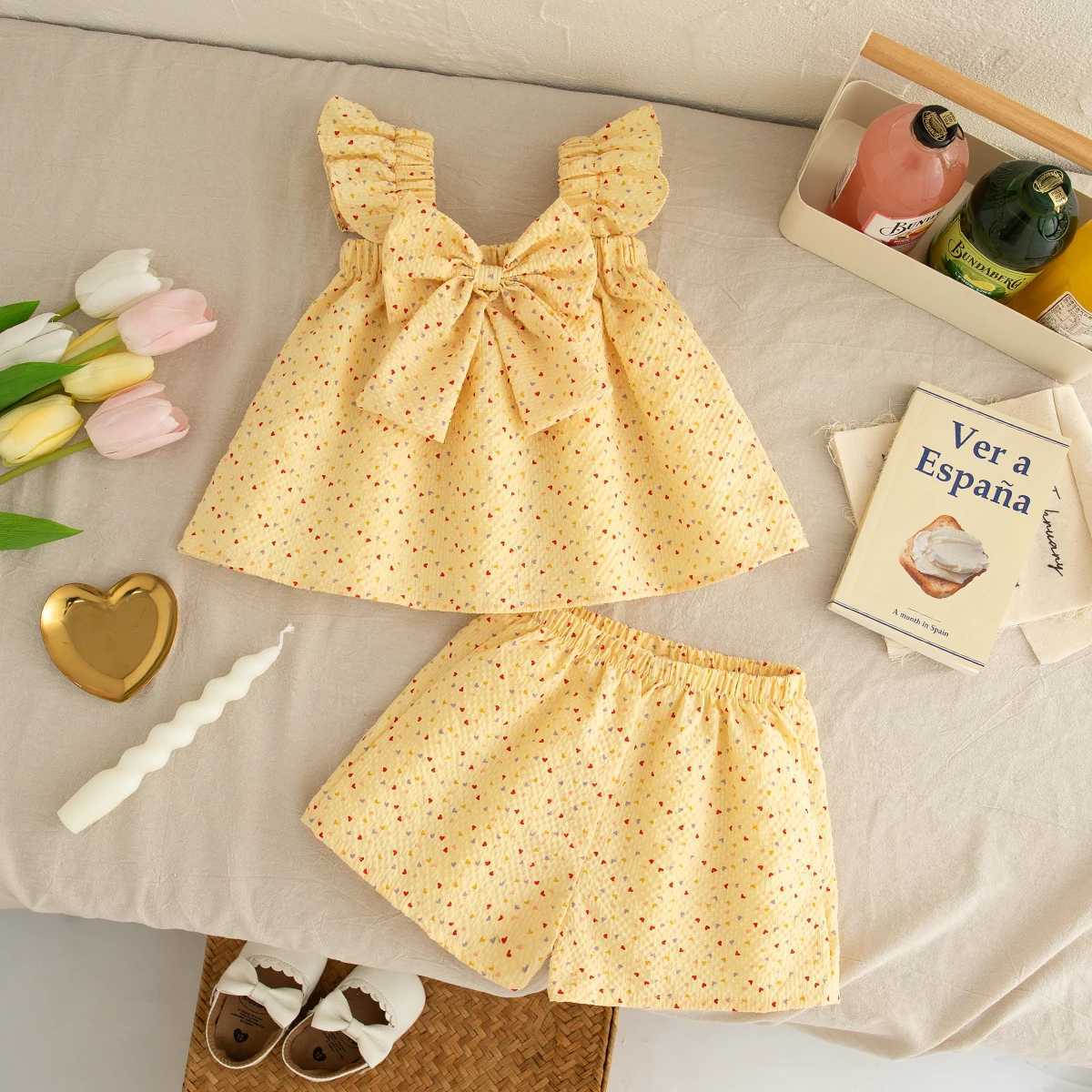 Girls Set 0-3 Years Old Summer New Bow Little Heart Flying Sleeve Camisole Top+Same Sle Shorts Two-Piece Set W250218