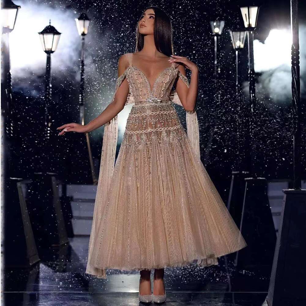 Nude Arabic A E Sexy Midi Straps Cape Sleeves Beaded Evening Dresses Gowns For Women Prom dresses Party