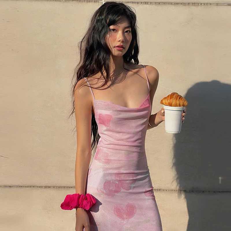 Basic Casual Dresses Lygens Mesh Print Spaghetti Bodycon Backelss WomenS Dresses Beach Vacation Elegant Evening Casual Outfit Summer Y2K Strtwear H252