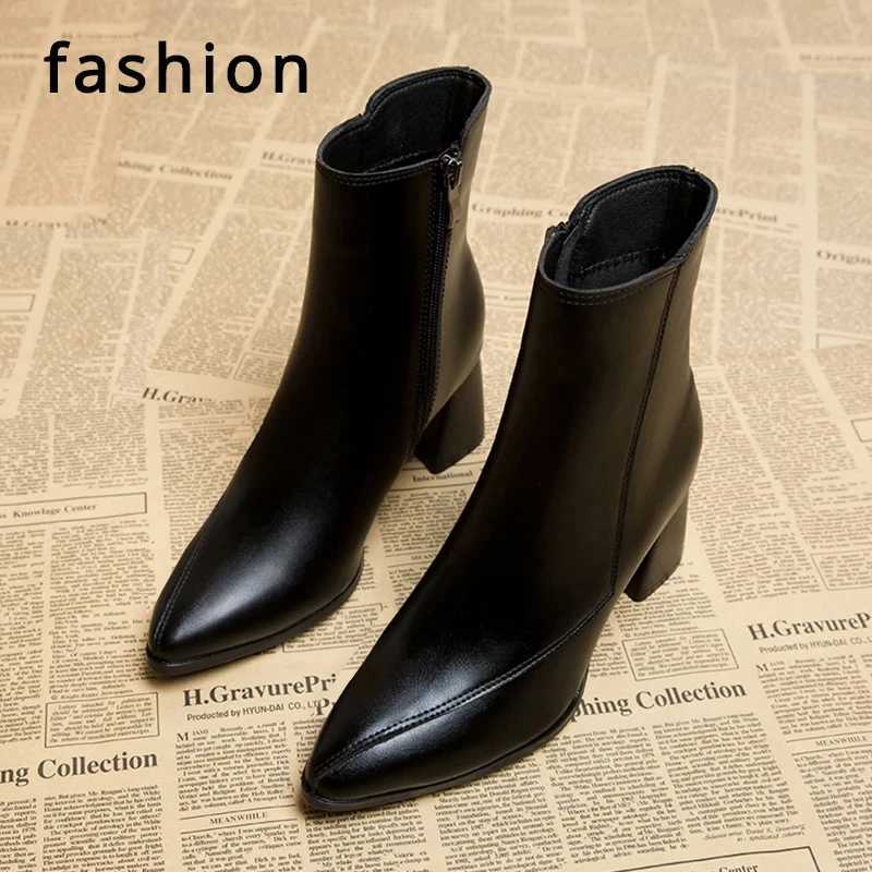 Spring and Autumn New British Style hick Heel Womens Boots Pointed Toe Thin Side Zipper Black Nude Boots Women Mid-heel FiXJ250217