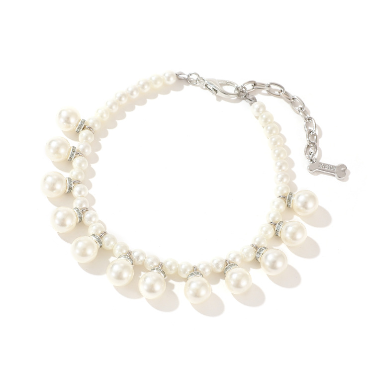 Fashion Pearl Dog Necklace with 12 Sparkling Rhinestone Pearls Charm, Luxurious Jewelry Dog Necklace for Female Puppy Kitten Small Dogs Wedding Birthd