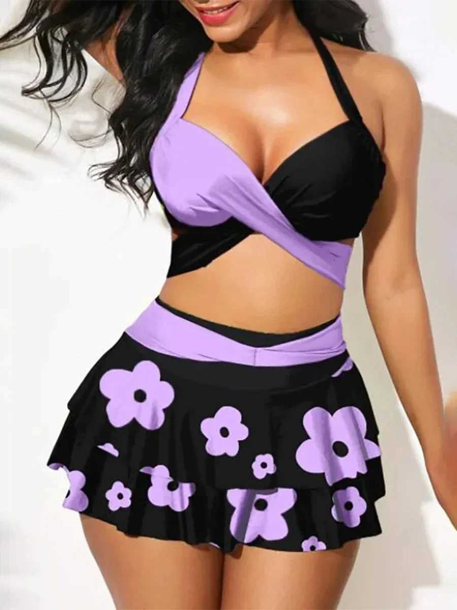 Printed Swimsuit Dress Push Up Bikini Women High Waist Swimwear Female Padded Bather Bathing Suit Swimming Beachwear Summer M250218