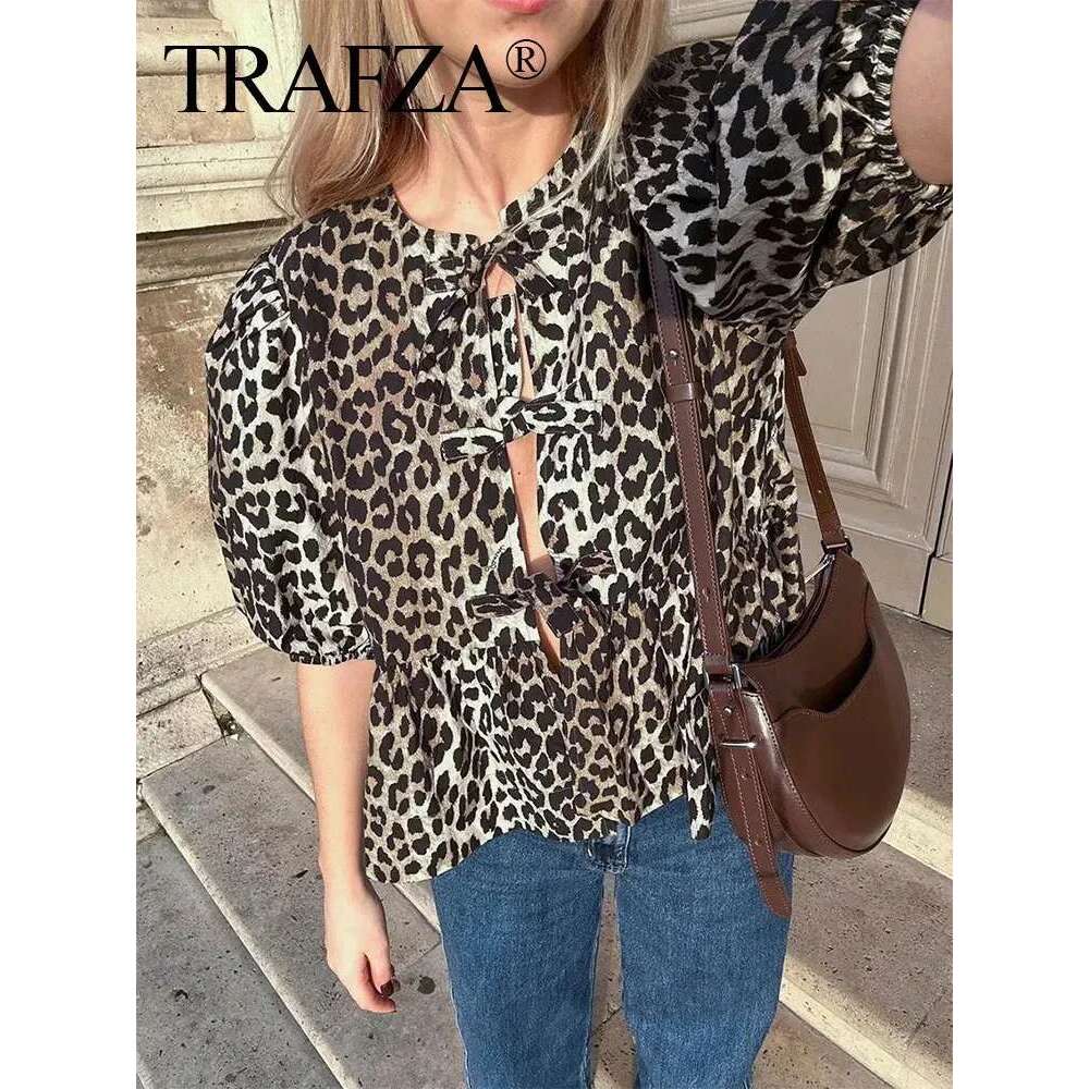 TRAFZA Women Causal O Neck Short Puff Sleeve Shirt Sweet White Bow Lace Up Tops 2024 New Fashion Chic Female Streetwear Blouse