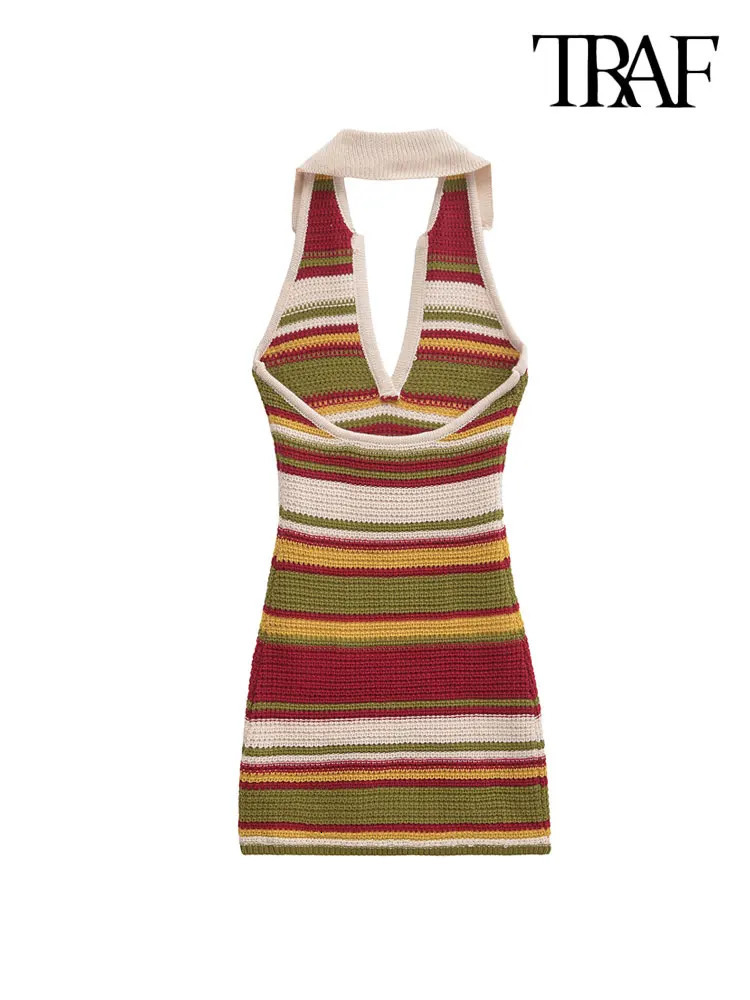 TRAF-Womens Striped Crochet Knit Mini Dress Backless Halter Neck Female Dresses Sexy Fashion 250217