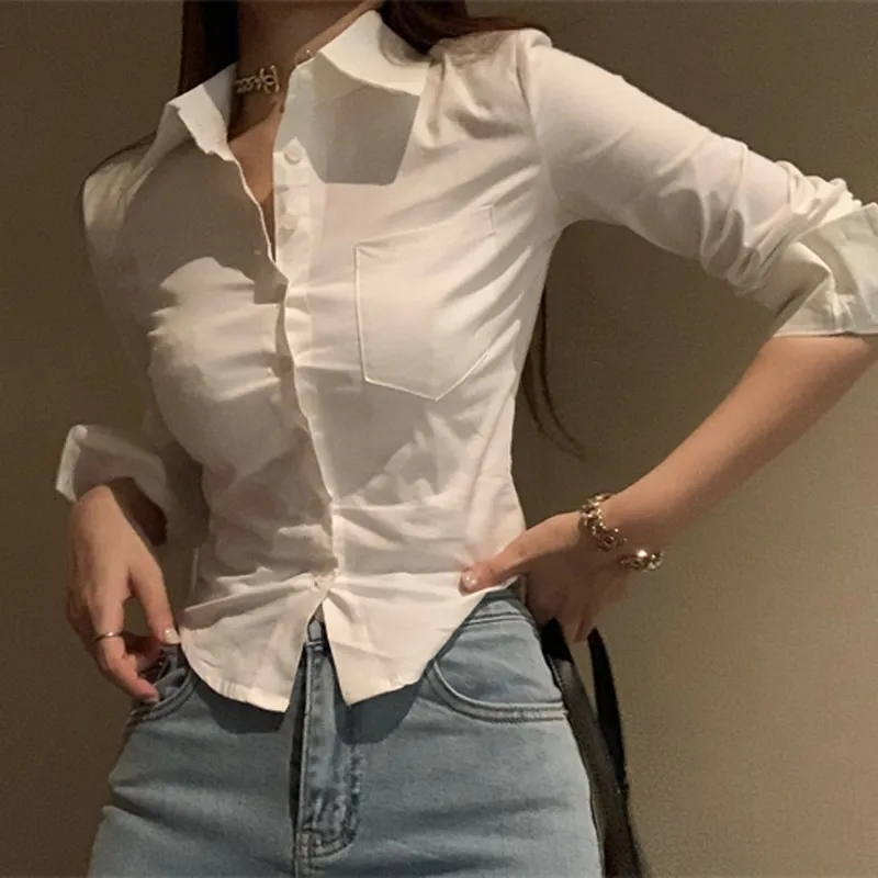 Korean White Office Women Chiffon Shirt Pocket Button Lapel Ladies Blouse Spring Long Sleeve Female Crop Tops 250217