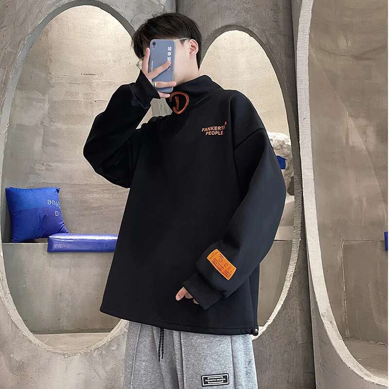 Single Road Mens Turtleneck Sweatshirt Winter Fleece Oversized Sweatshirts Japanese Streetwear Haruku Hip Hop Hoodie Men