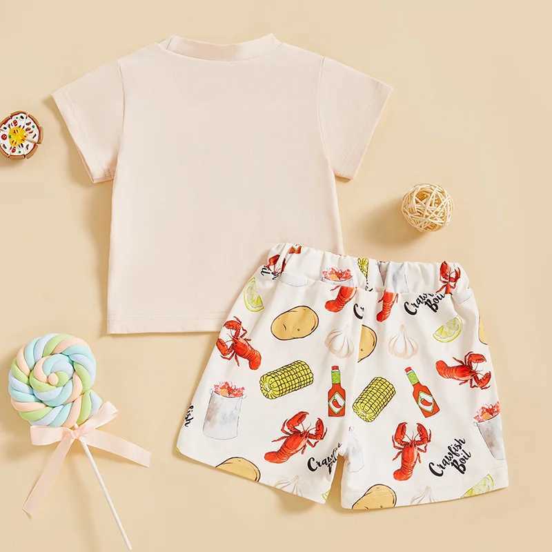 Childrens Summer Ensemble Embroidered Short Sleeve Tee with Lobster Design Shorts Set for a Slish Look W250218