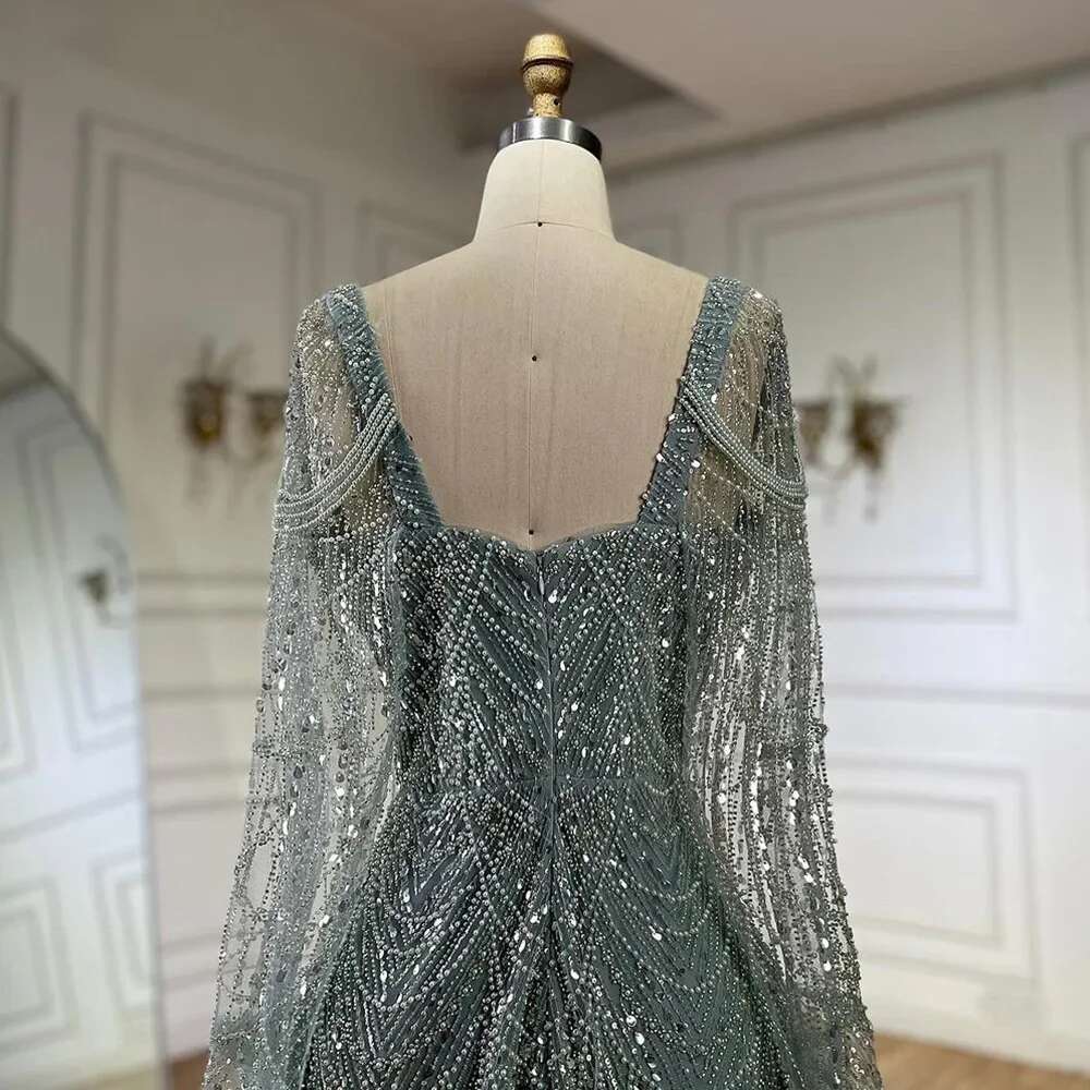 Turquoise Arabic Cape Sleeves Beaded Pearls Or Length Evening Gown Party Dress For Women Customize BLA