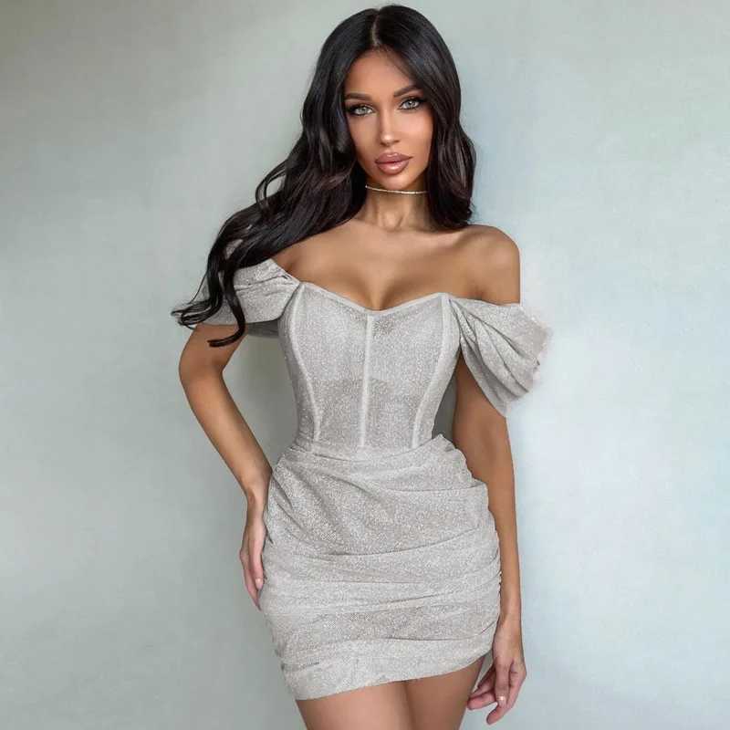 Basic Casual Dresses Lygens Off The Shoulder Glitter Corset Mini Dress Ruched Bodycon Mini Dress Sexy Party Elegant 2023 Fashion Y2K Women Clothing H2
