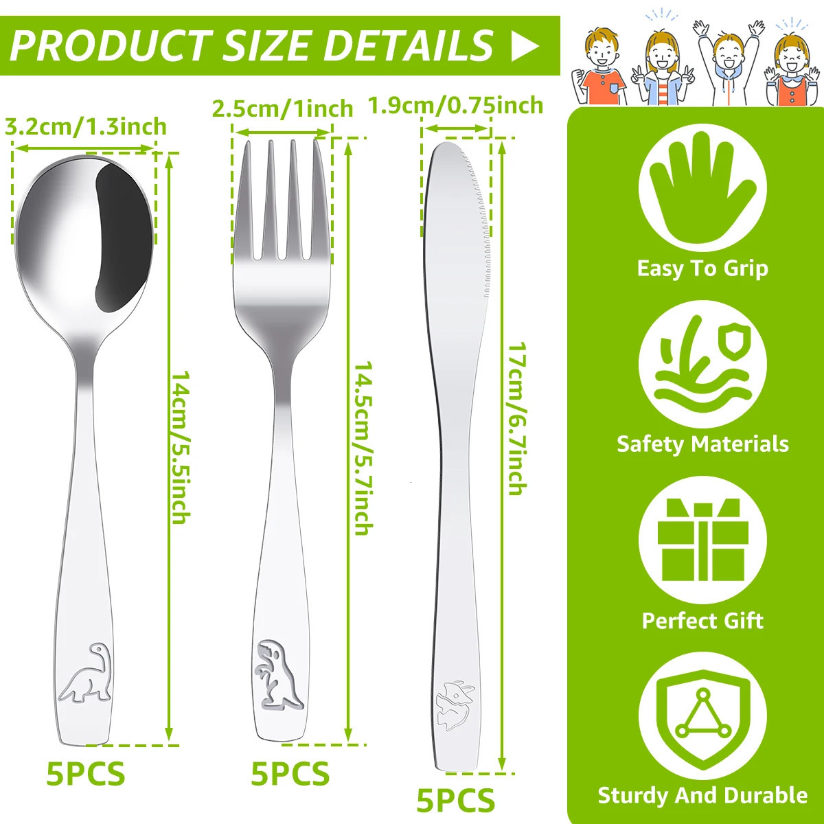 9/15Pcs Kids Silverware Set 410 Stainless Steel Kids Fork Spoon and Cutter Set Funny Dinosaur Flatware Set for Children Toddler 250214