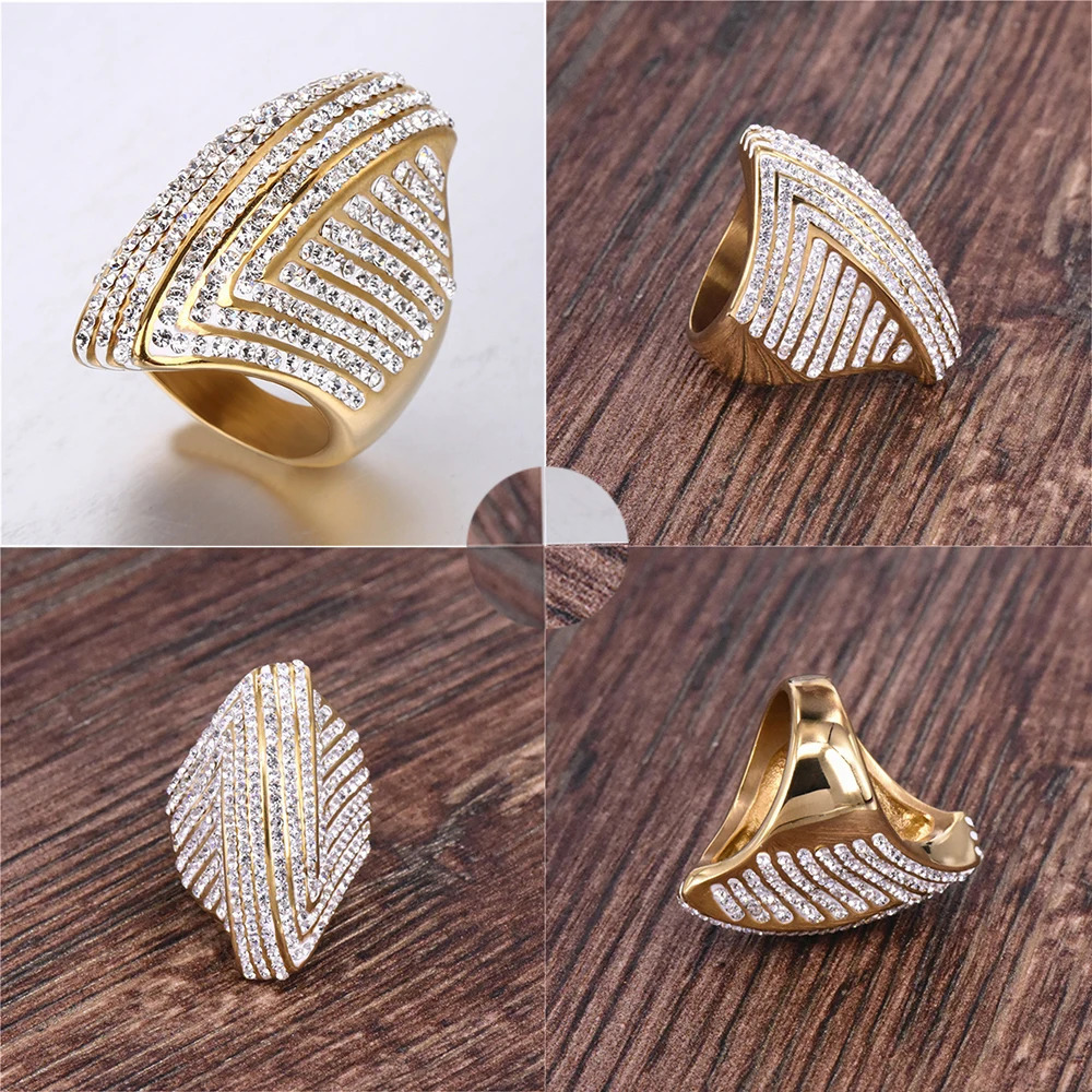 Hip Hop Iced Out Bling Big Oval Ring Female Gold Color Stainless Steel Large Cocktail Rings For Women Party Jewelry Gift 250214