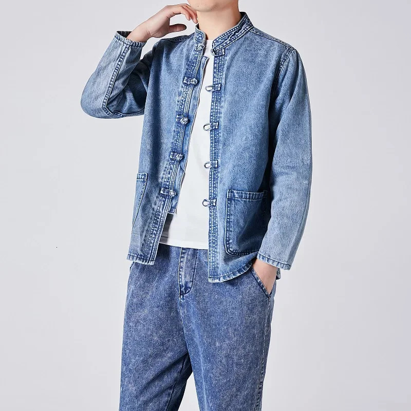 Autumn Men Chinese Style Tang Suit Washed Denim Top Stand Collar Jacket Casual Cotton Coat 250214