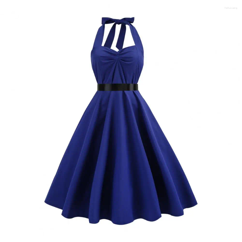 Casual Dresses Halter Neck Pleated Waist Dress Women Long Elegant Lace-up A-line Midi For Retro Cocktail