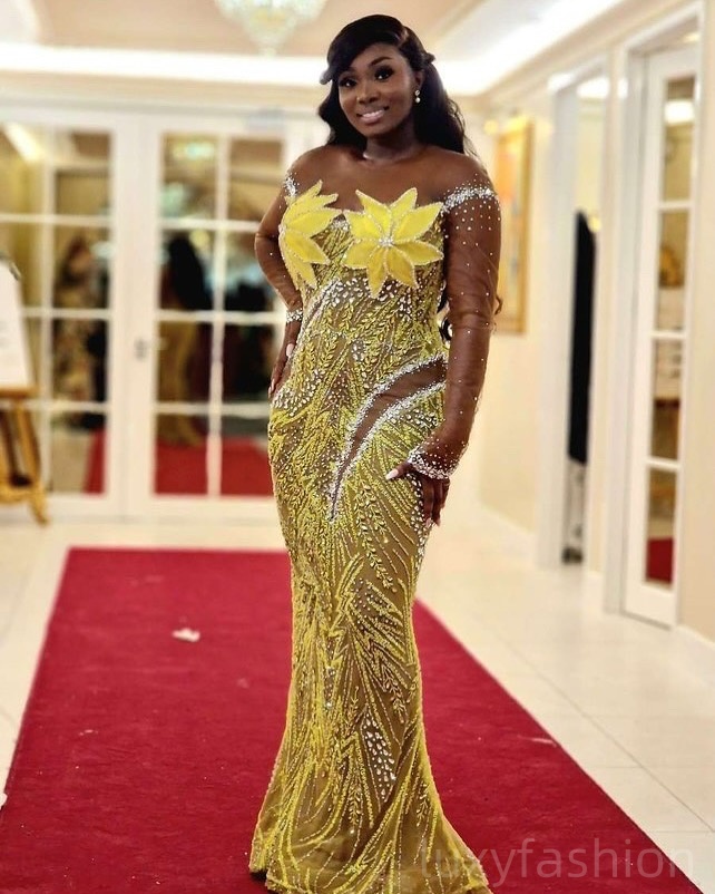 Aso Ebi 2025 Yellow Illusion Mermaid Prom Dresses Beaded Crystals Florals Evening Formal Party Second Reception Birthday Gowns Dress For Special Occas