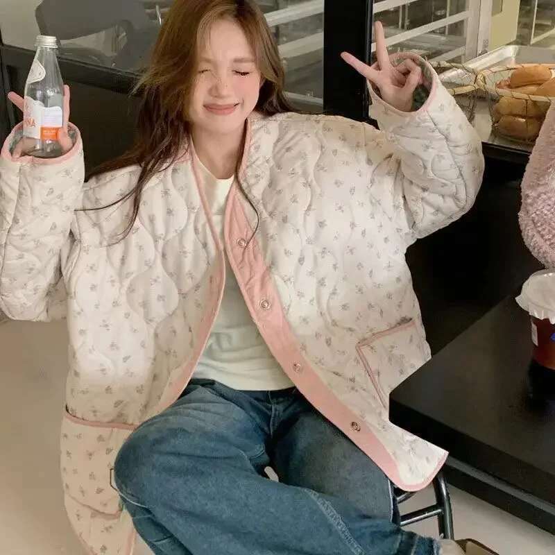 Two-Sided Wear Cotton Jacket Korean Sweet Pink Ral Checkered Coat Women Autumn Winter Loose Casual Single Breasted Tops