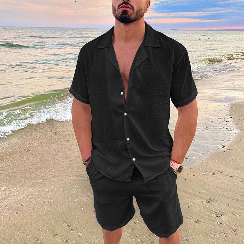 Mens Summer Casual Loose Two Piece Sets Beach Solid Cotton Linen Man Suit Short Sleeve Button Shirt And Shorts Office Outfits 250217