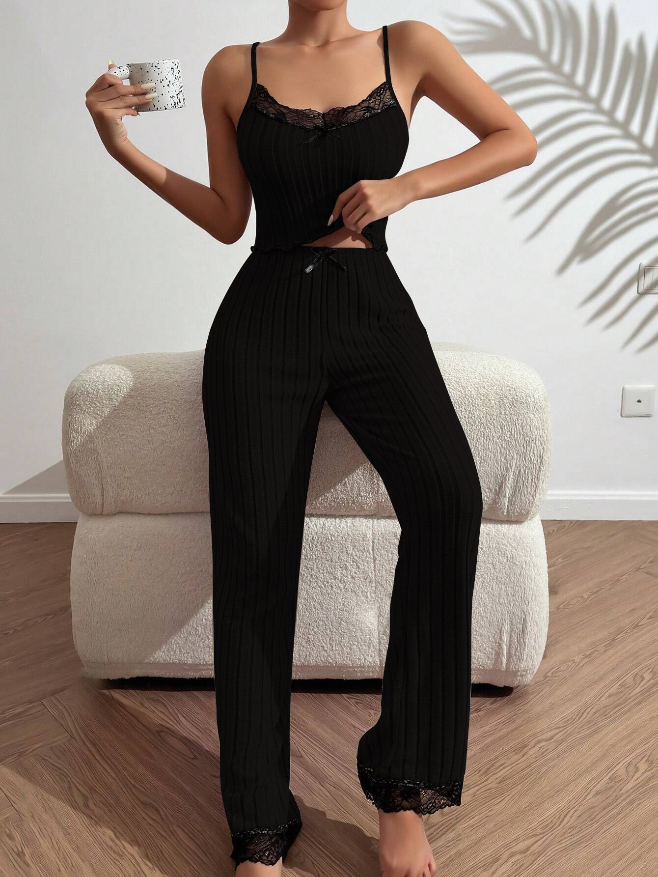 X136-Autumn and winter new Korean style simple striped knitted cotton long-sleeved round neck lace pajamas loose home clothes suit for women