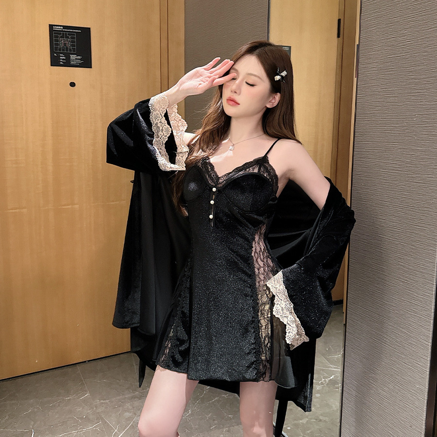 X202 Autumn and winter pure desire style sexy nightdress velvet suspender skirt outer robe