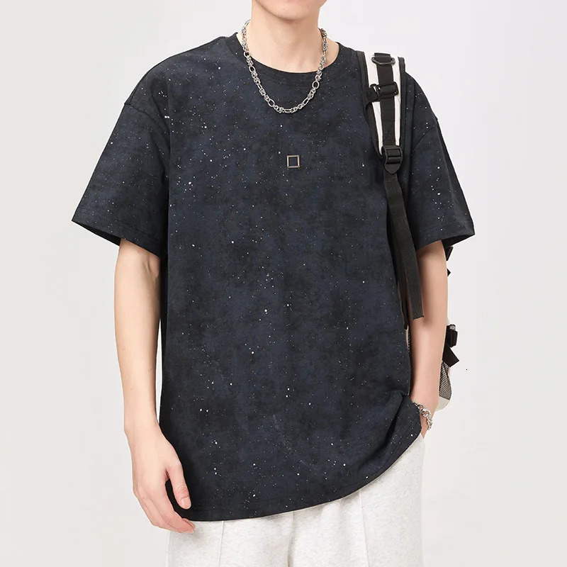 Washed tie dyed sparkling diamond n short sleeved T-shirt for mens summer trend knitted loose fashion street top 250217