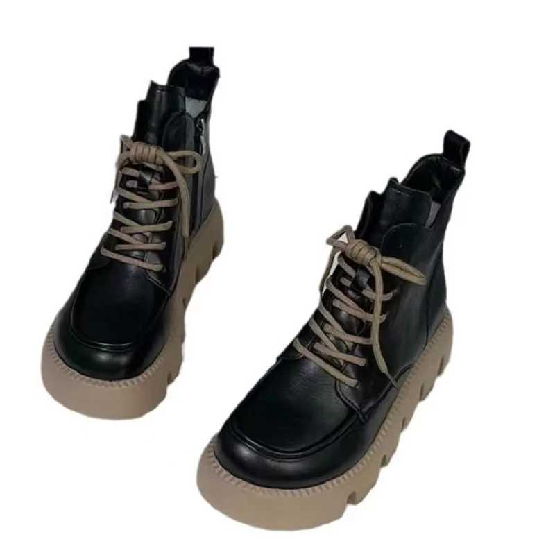 Womens 2025 Spring and Autumn New Soft Leather Boots Fi Thick Soled Tall Short Boots Round Head Strap Short BootsXJ250217