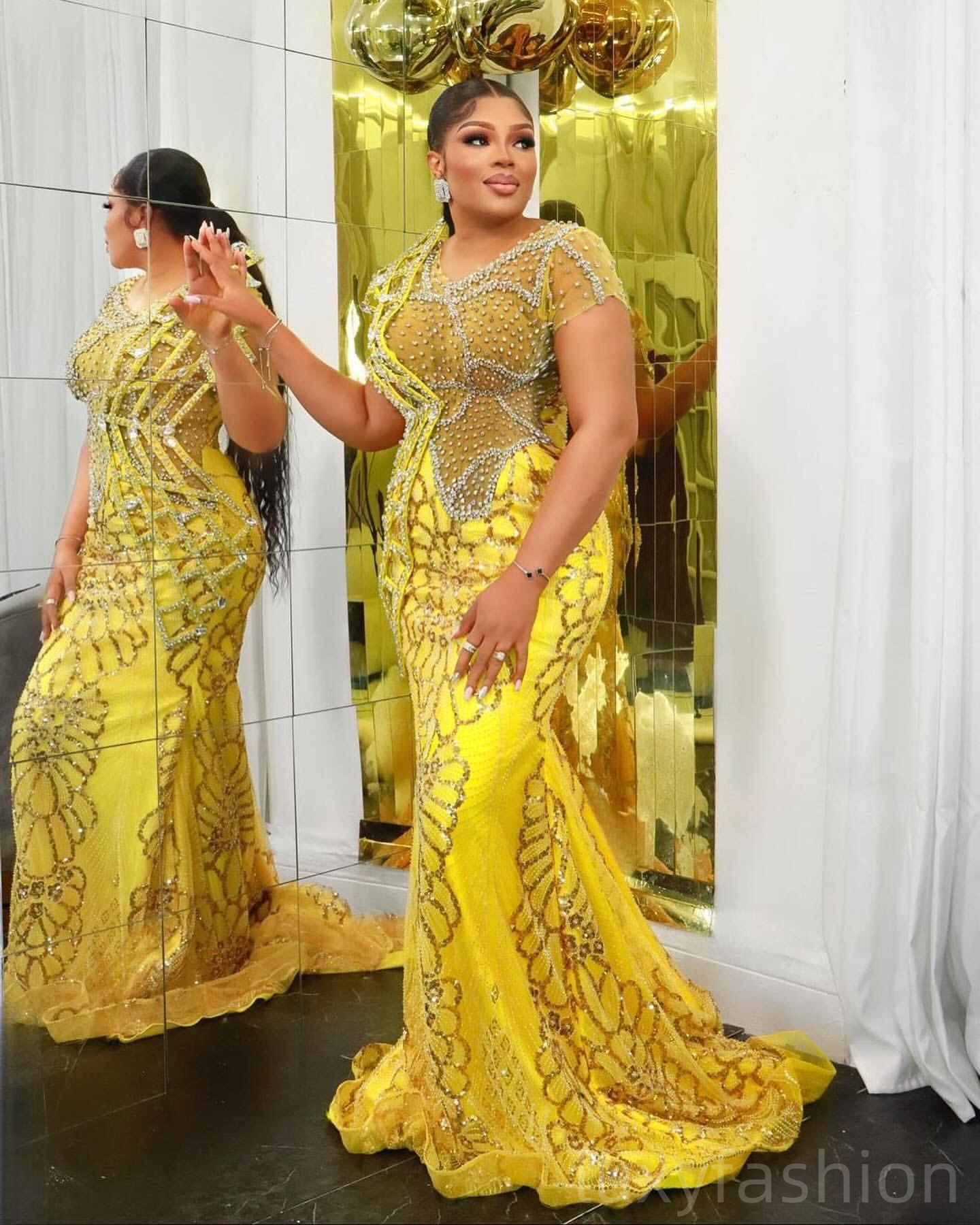 Aso Ebi 2025 Yellow Mermaid Prom Dresses Crystals Beaded Short Sleeves Sequined Evening Formal Party Second Reception Birthday Gowns Dress For Special