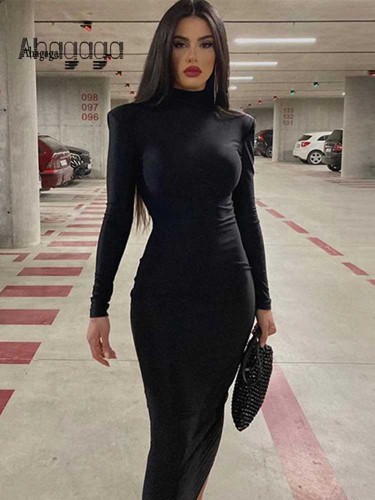 Basic Casual Dresses AHAgaga Winter Office Lady Regular Sexy Bodycon Maxi Dress Women Casual Long Slve Black Slim Dresses Woman Turtleneck Robes H2521