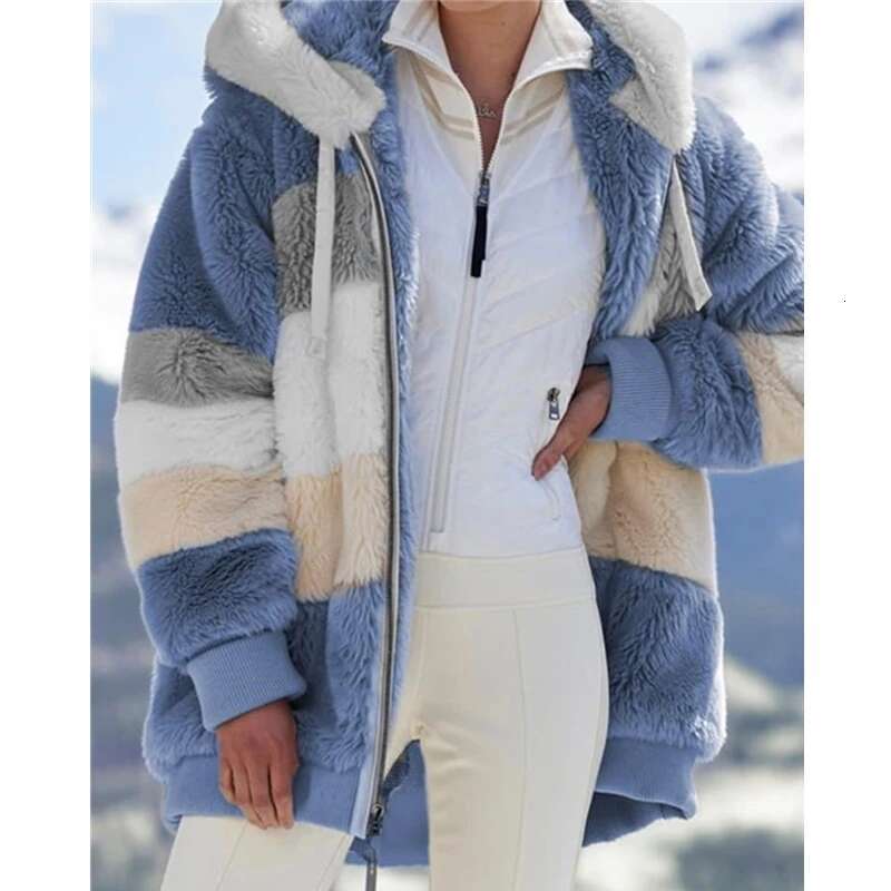 Women Fall Winter Warm Plush Hooded Coat Contrast Color Long Sleeve Zip Up Thick Cardigan Jacket 2021 E-Girls Streetwear Outwear