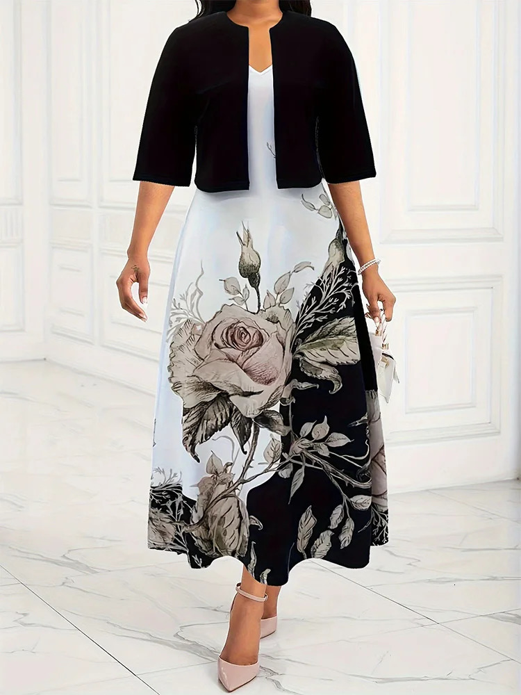 Lady Elegant Maxi Dress Short Sleeve Coat Tank Sleeveless Slim Set Fashion Women plus size Clothing 2Pieces Suit 250214