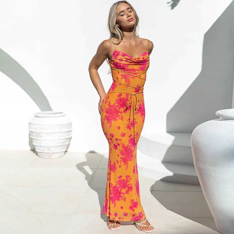 Basic Casual Dresses Lygens Floral Tie Dye Print Folds Bandage Slveless Elegant Women Dress Casual Vacation Party Prom Summer Wholesale Clothing H2521