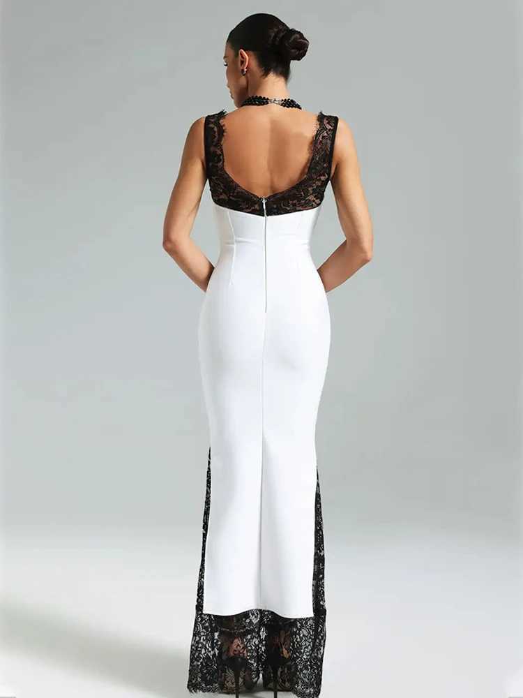 Basic Casual Dresses Ahagaga Lace Womens Party Maxi Dresses Solid Skinny V-Neck S Through Camisole Blackless Bodycon Slveless Vestidos Robes H25217