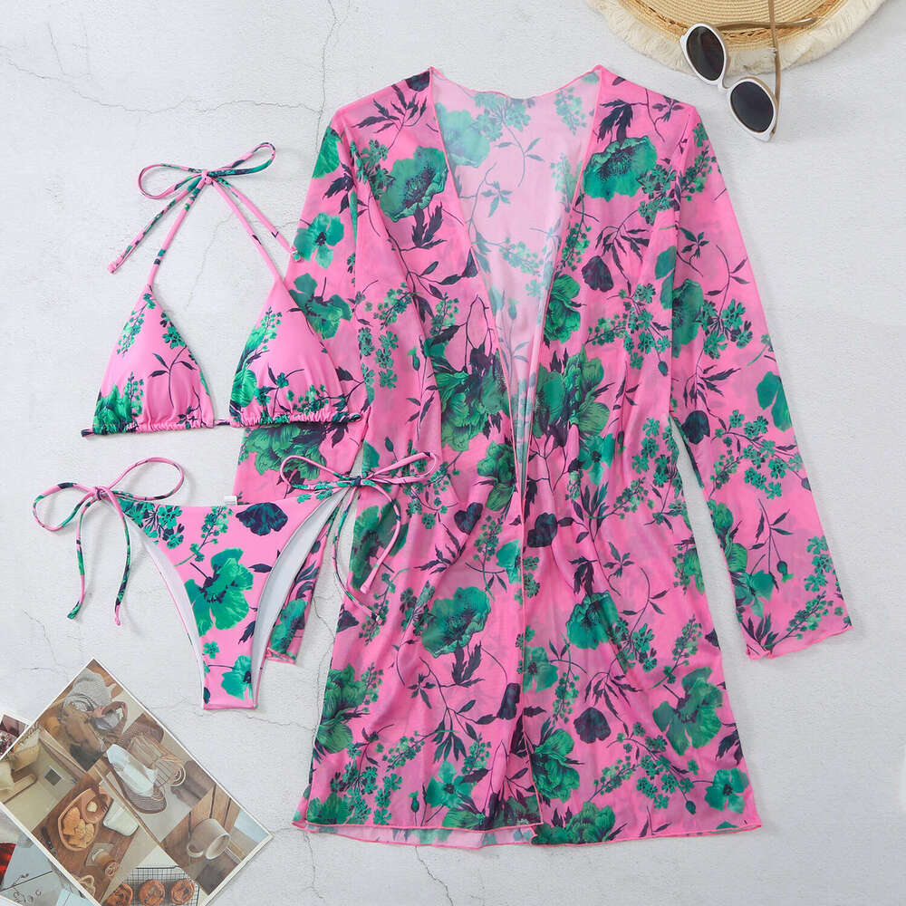 5 Colors European and American Printed Mesh Three piece Cover Shirt Bikini Swimsuit 2025 New Casual Versatile Fashion Clothing