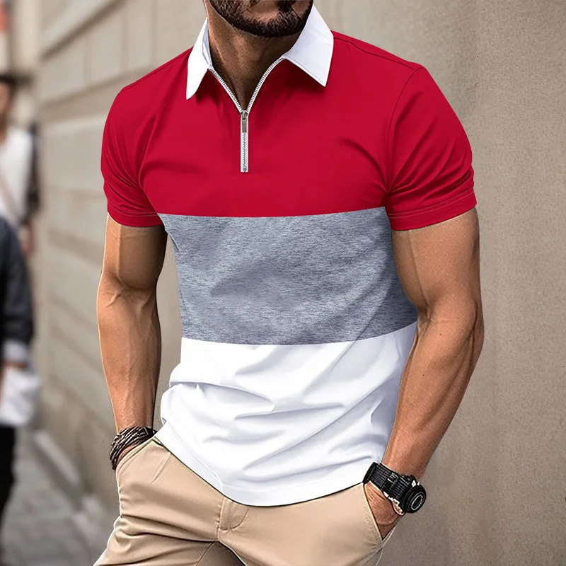 Summer Mens short sleeved Polo shirt 3D striped digital printed polo mens business casual zipper lapel shirt Button top 250217