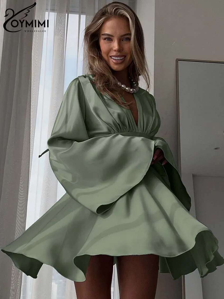 Oymimi Fashion Green Satin Women's Dress Elegant Deep V-Neck Long Sleeve Autumn High Waist Pleated Mini Dresses Female