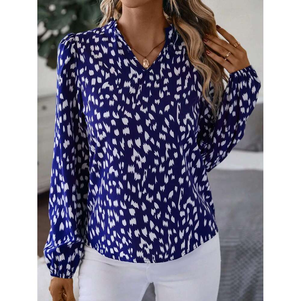 Elegant Notched V-Neck Long Sleeve Full Printed Casual Fashion Women's Shirt