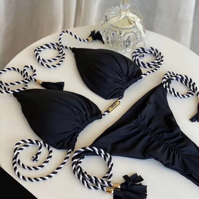 2025 New Sexy Contrast Colored Woven High Waist Split Women's Swimsuit Bikini Underwears Woman Sexy Maillot De Bain Designer Swim New Arrival New