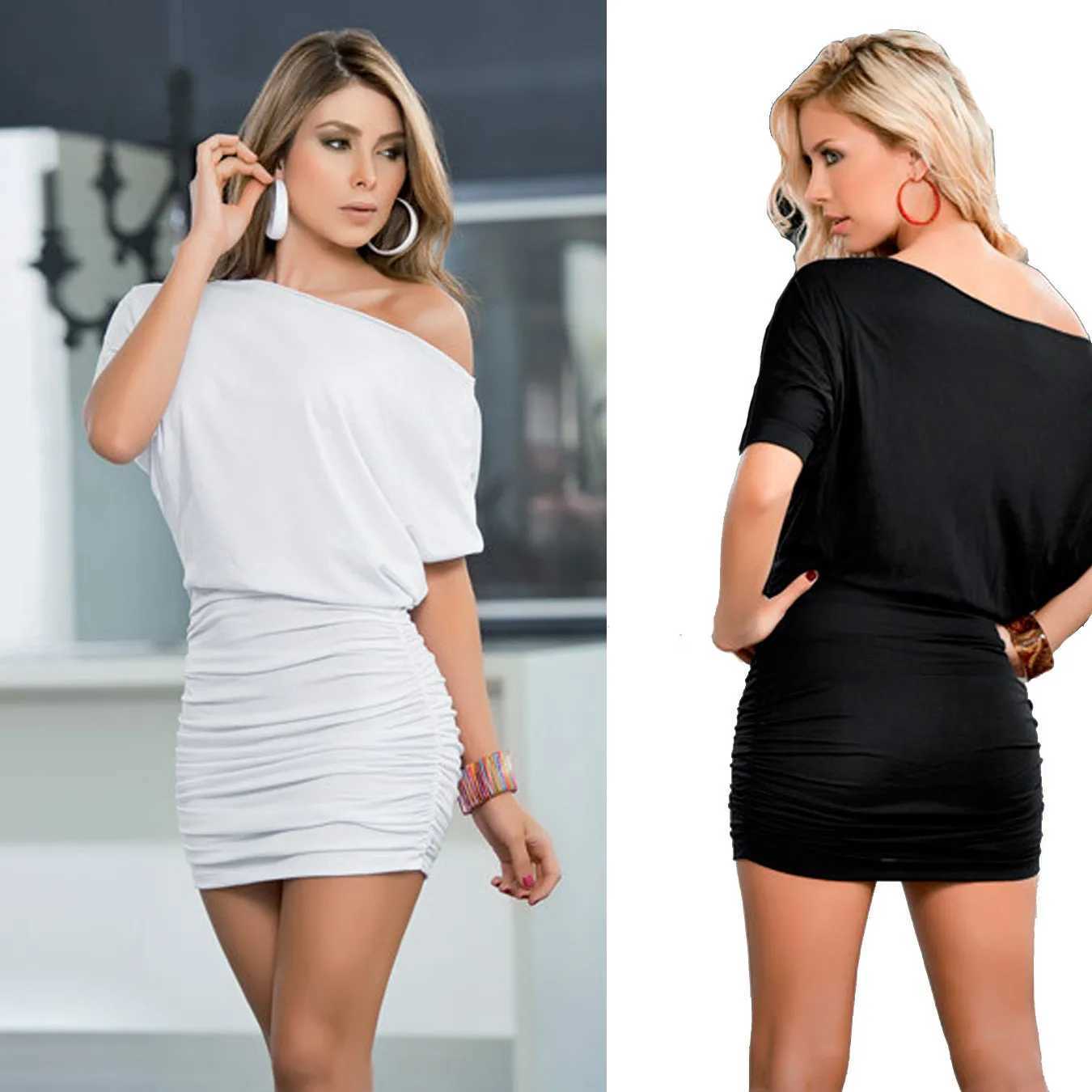 Basic Casual Dresses Women Batwing Slve Dress Off The Shoulder Mini Slash Neck for Girls Hot Club Party Night Sexy Tight Fit Pleated Dress H25217