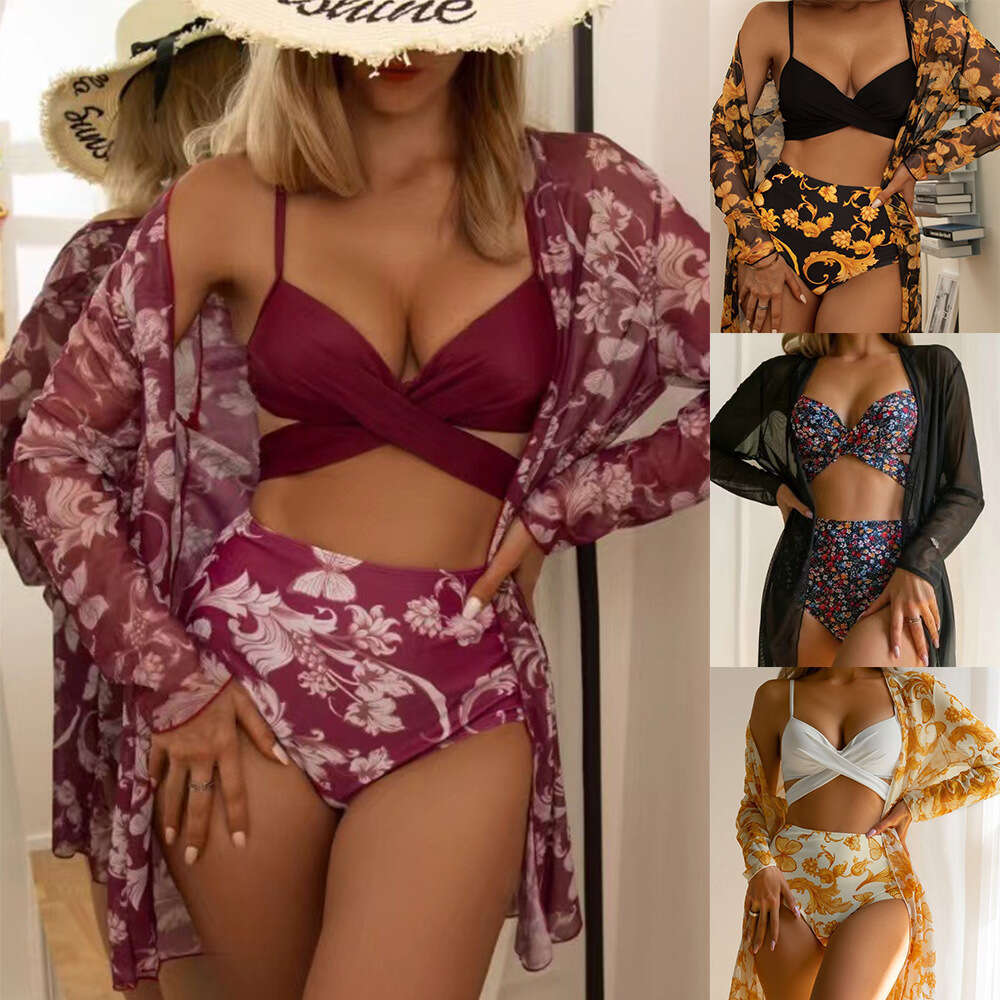 New Bikini Gathering Sexy Mesh Three Piece Set with Split Printed Butterfly Swimsuit for Women Underwears Woman Designer Bikini Swimwear New Arrival