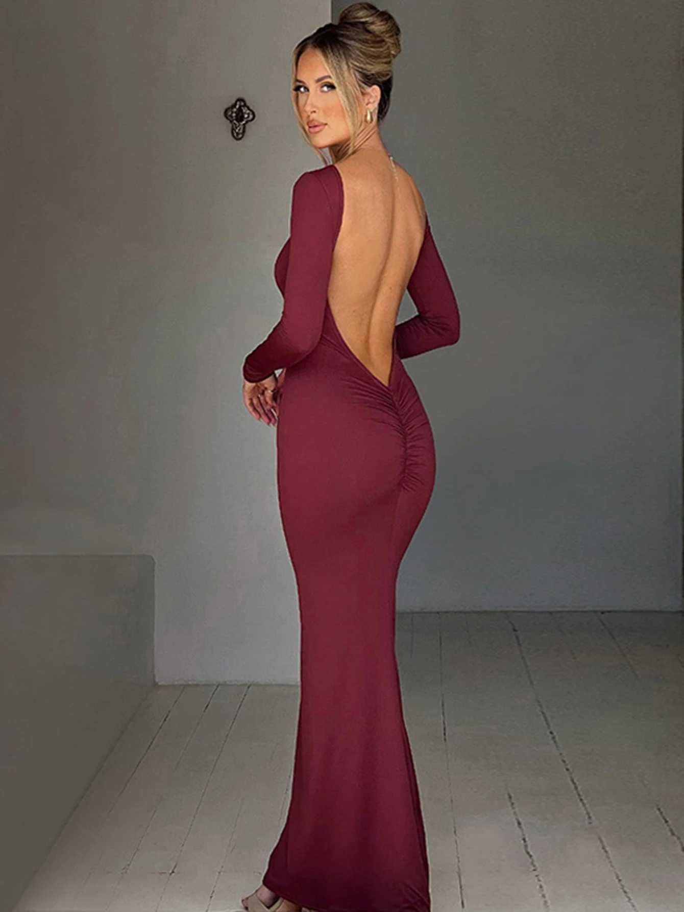 Basic Casual Dresses Dulzura Long Slve Backless Ruched Maxi Dress Women Bodycon Sexy Party Birthday Evening Outfits 2024 Autumn Winter Clothes H25217